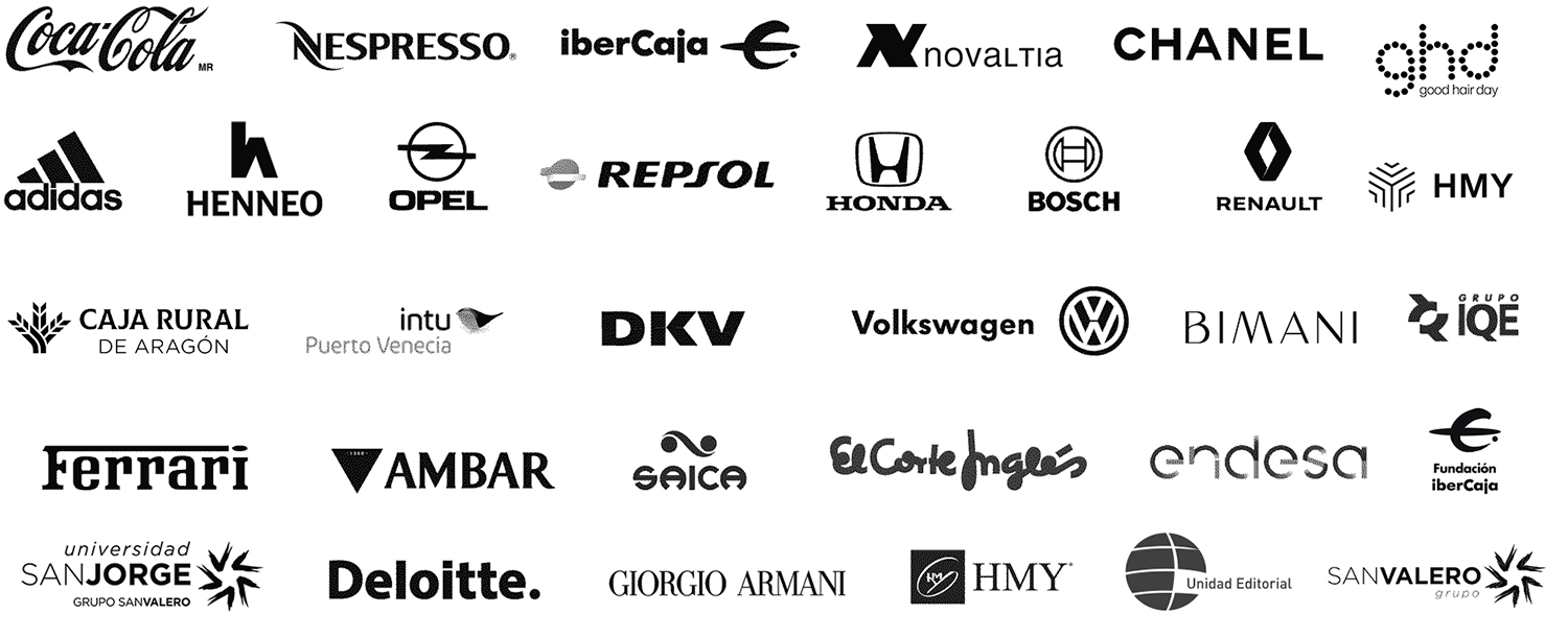 logotipos de Cocacola Nespresso Ibercaja, Freixenet, Chanel, Adidas, La Caixa, Opel, Repsol, Honda, Bosch, Renault, Bantierra, Intu puerto de valencia, DKV, Volkswagen, IQE, Ferrari, Ambar, Saica, El Corte Ingles, Endesa, Edelvives, Deloitte, Giorgo Armani, HMY